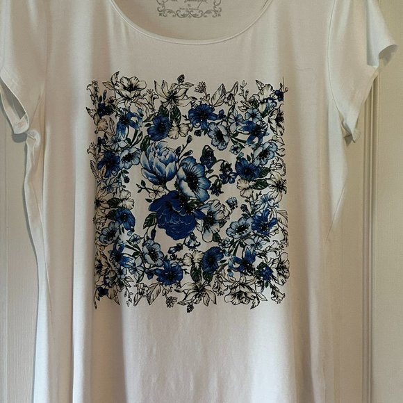 WHBM Women's S/S Knit Tee with Blue Floral Front Size M EUC - Picture 2 of 5